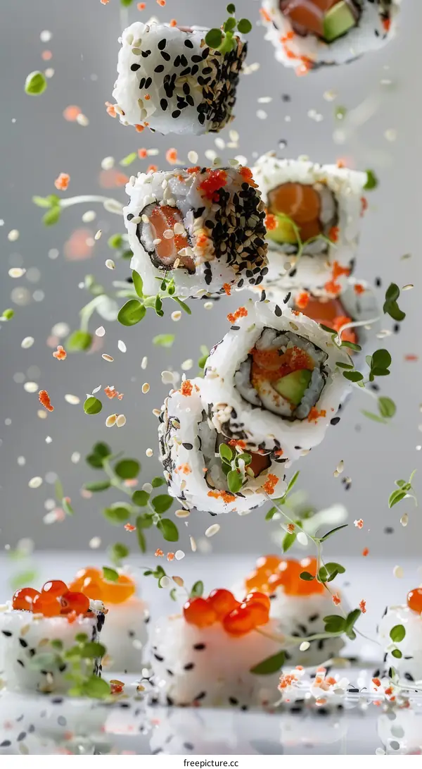 Fresh Sushi Pieces Levitate above Chopsticks