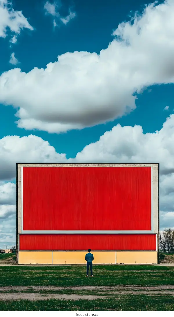 Man Standing in Front of Red Wall Against Blue Sky