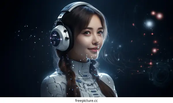 portrait of a beautiful asian woman wearing a futuristic headset