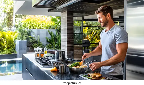 Man Cooking Vegetables and Meat in Outdoor Kitchen