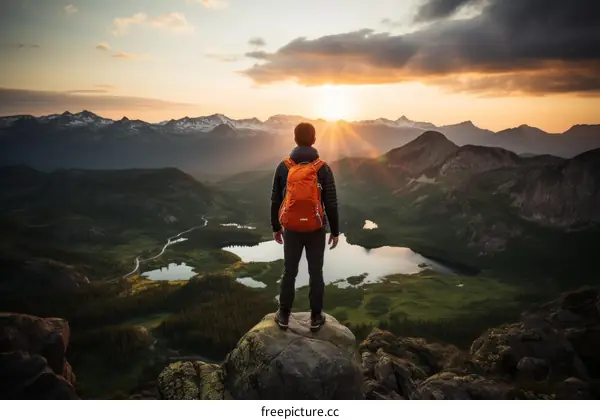 Man on Top of Mountain Overlooking Valley and Mountains at Sunset