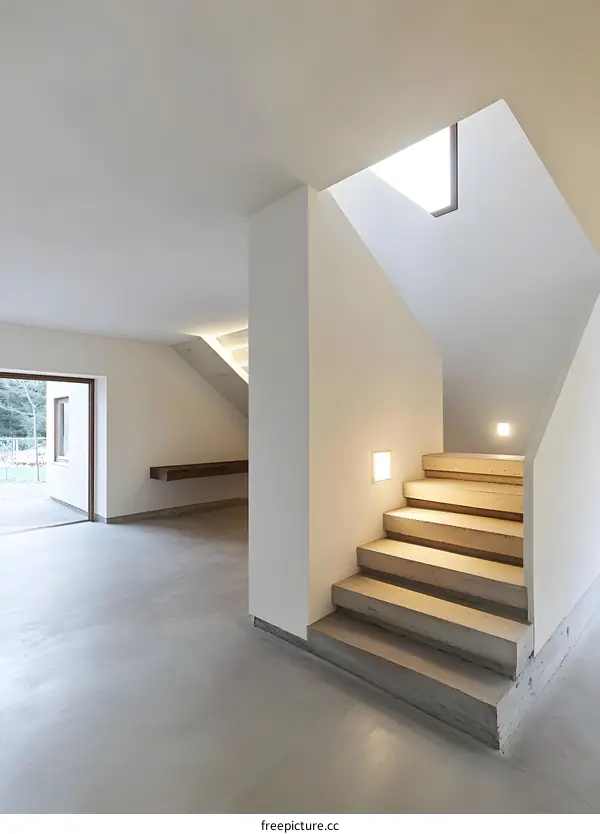 Modern Interior Design With Concrete Stairs and a Skylight