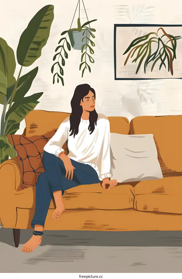 Woman Sitting on a Couch with Plants