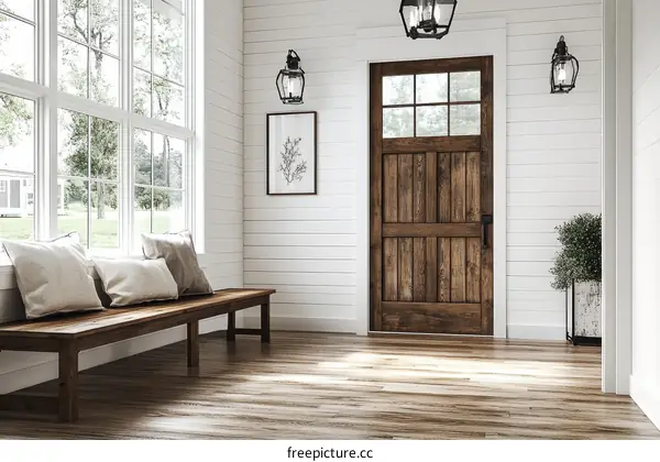 Rustic Farmhouse Entryway with Wooden Door