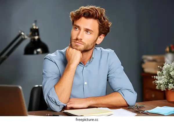 Caucasian Man Deep in Thought at Desk