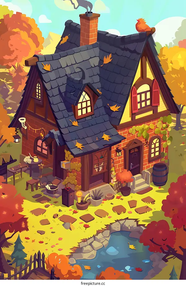 Autumn Cottage Illustration with Small Pond