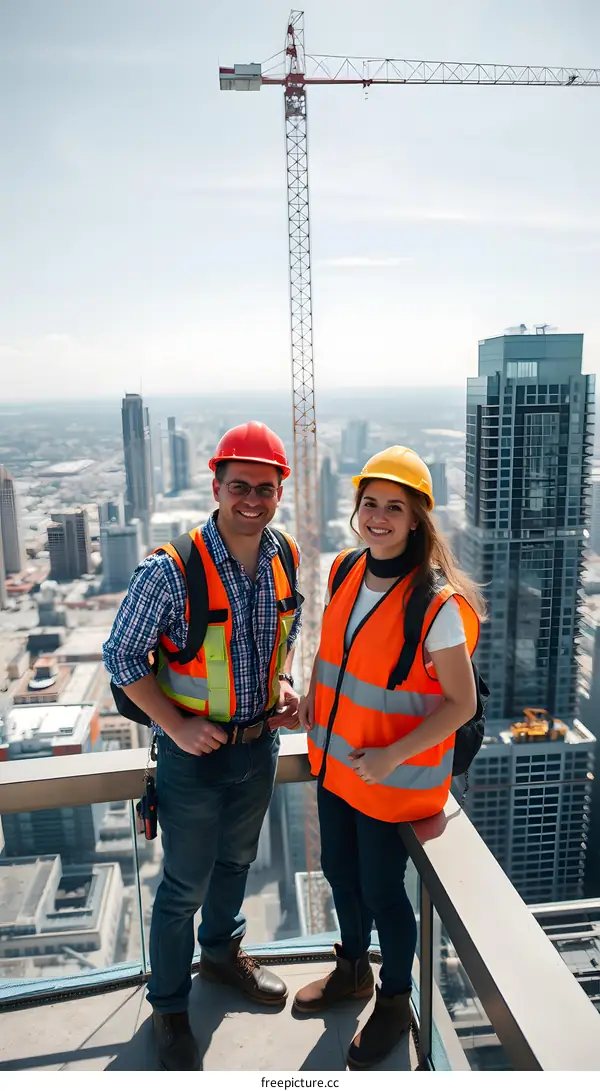 Construction Workers on Rooftop with City View