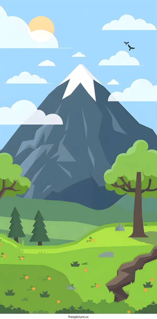 Cartoon Mountain Landscape With Green Grass