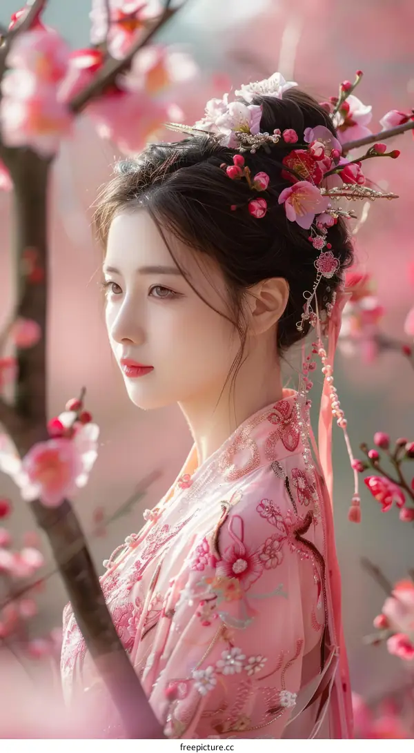 An oriental lady in a pink dress standing in a field of cherry blossoms