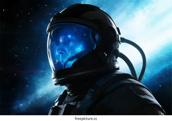 Astronaut in space helmet with blue illuminated visor against starry galaxy background