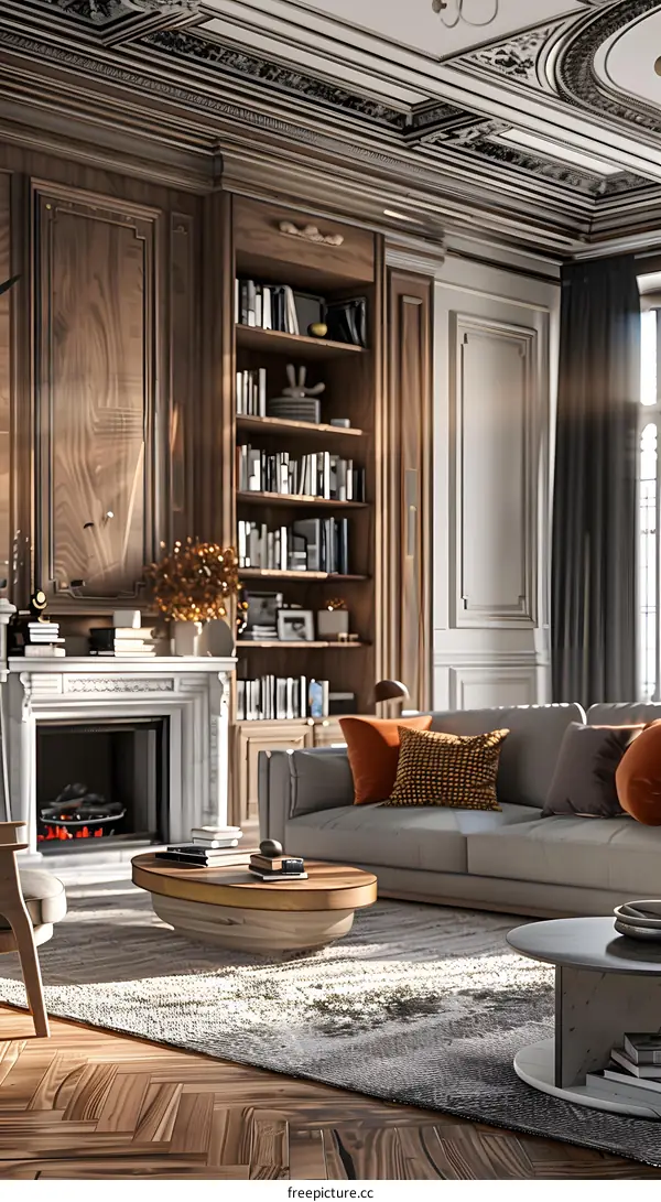 A sofa by the fireplace