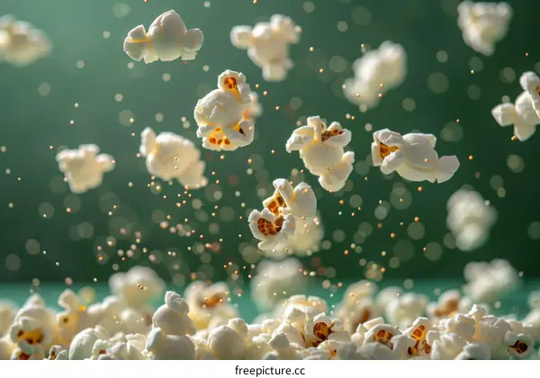 A handful of popcorn is suspended in mid-air against a green background.