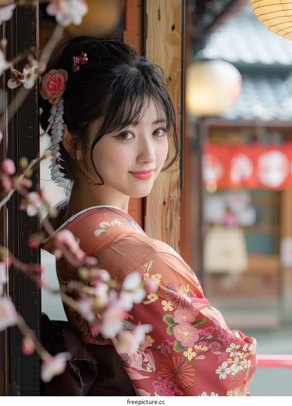 Japanese Woman in Traditional Kimono Posing with Cherry Blossoms