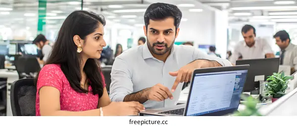 Two Indian Colleagues Collaborating on a Laptop in an Office