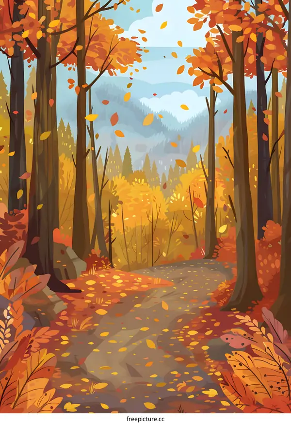 Autumn Forest Path With Colorful Leaves