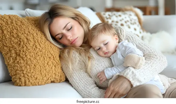 Mother and Baby Sleeping Comfortably on Sofa
