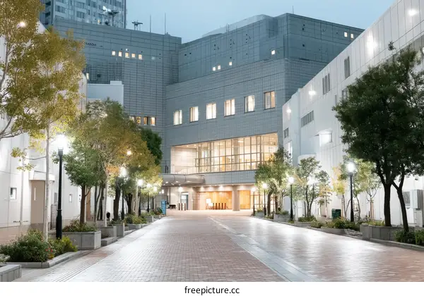 Urban Street Scene at Dusk with Modern Architecture