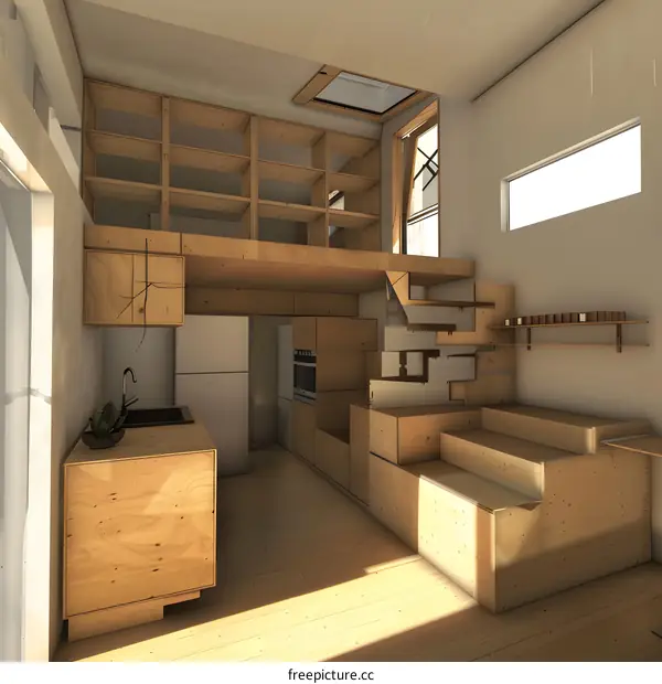 Modern Tiny House Interior Design With Loft and Wooden Furniture