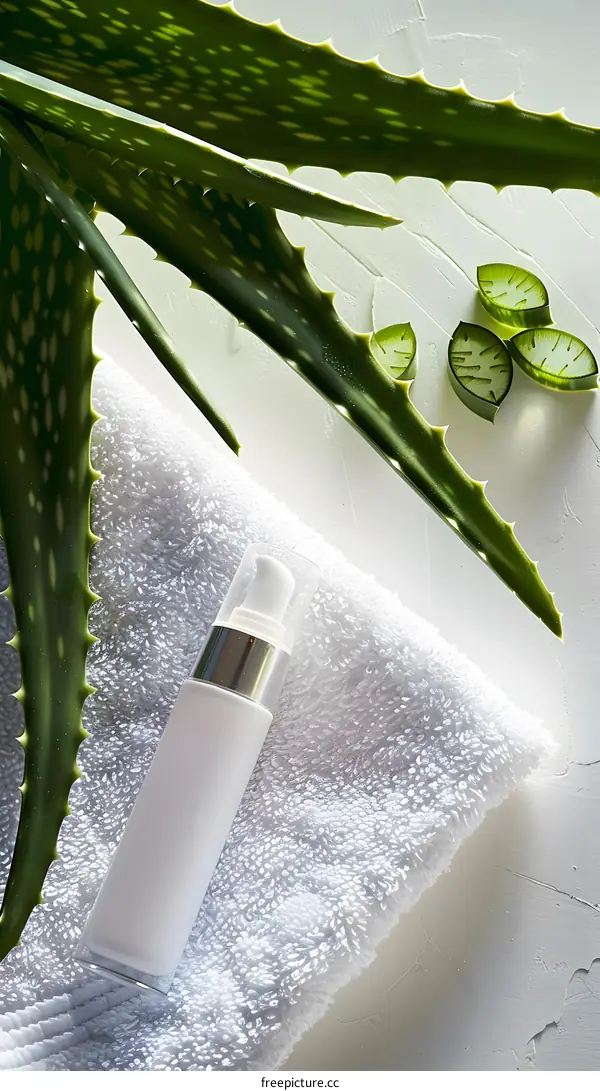 Aloe Vera Plant and Skincare Bottle on White Towel