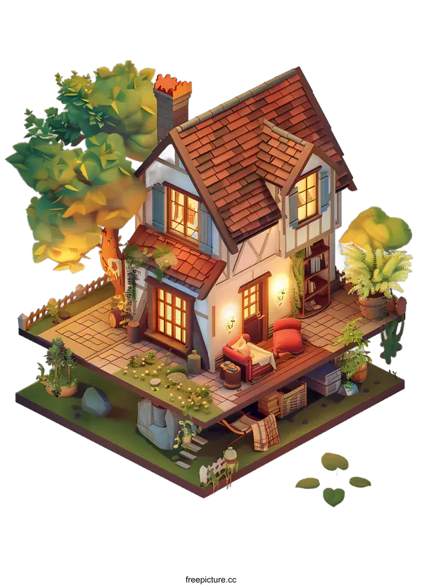 [Transparent Background PNG]Cozy Cottage with a Backyard and a Basement