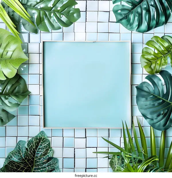 Tropical Leaves  Frame on Blue Tile Background