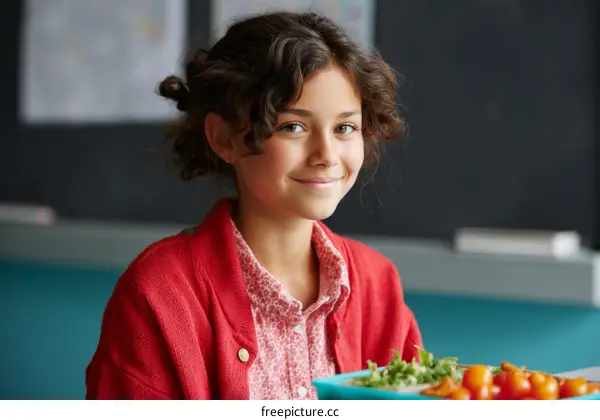 Smiling Girl with Lunch Tray in Classroom