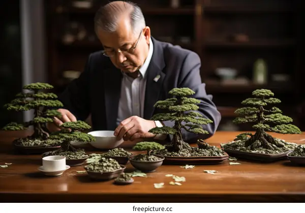 A man is carefully tending to his bonsai trees.
