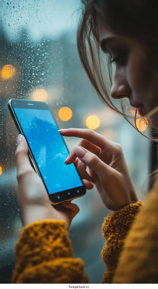 Woman using Smartphone by the Rainy Window