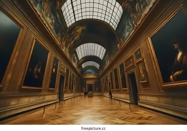 Art Gallery Interior with Paintings and People Walking