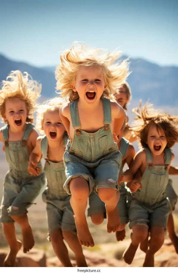five happy children jumping in the air