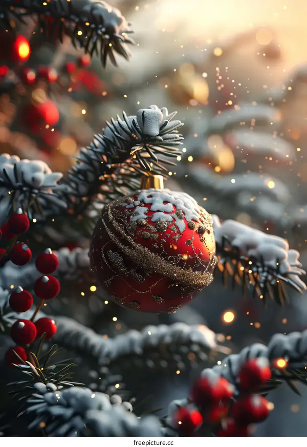 Christmas Ornament on a Snowy Branch