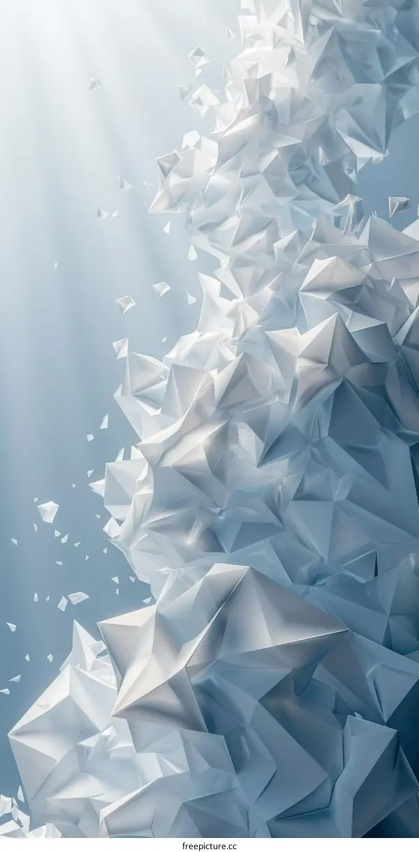 3D white abstract crystal shards floating upwards on a blue background