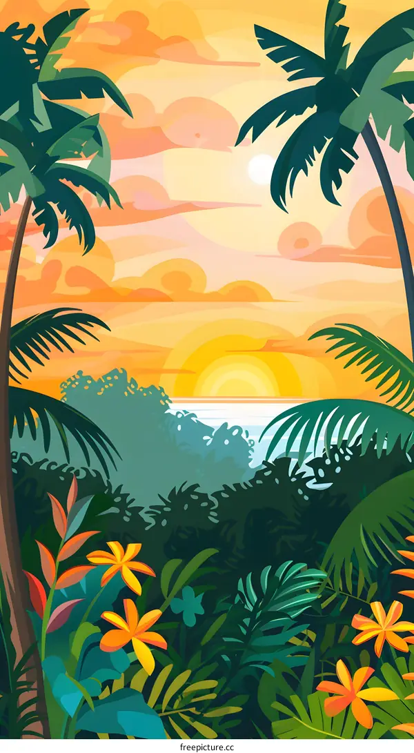 Tropical Sunset with Palm Trees and Ocean