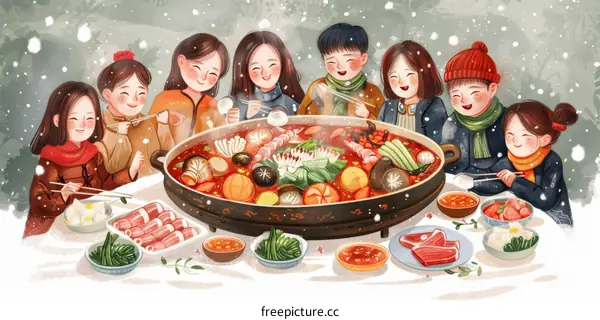 Family Gathering for Hot Pot Celebration During Winter Snow