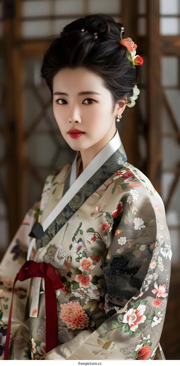 Portrait of a young woman in traditional Korean dress, or Hanbok