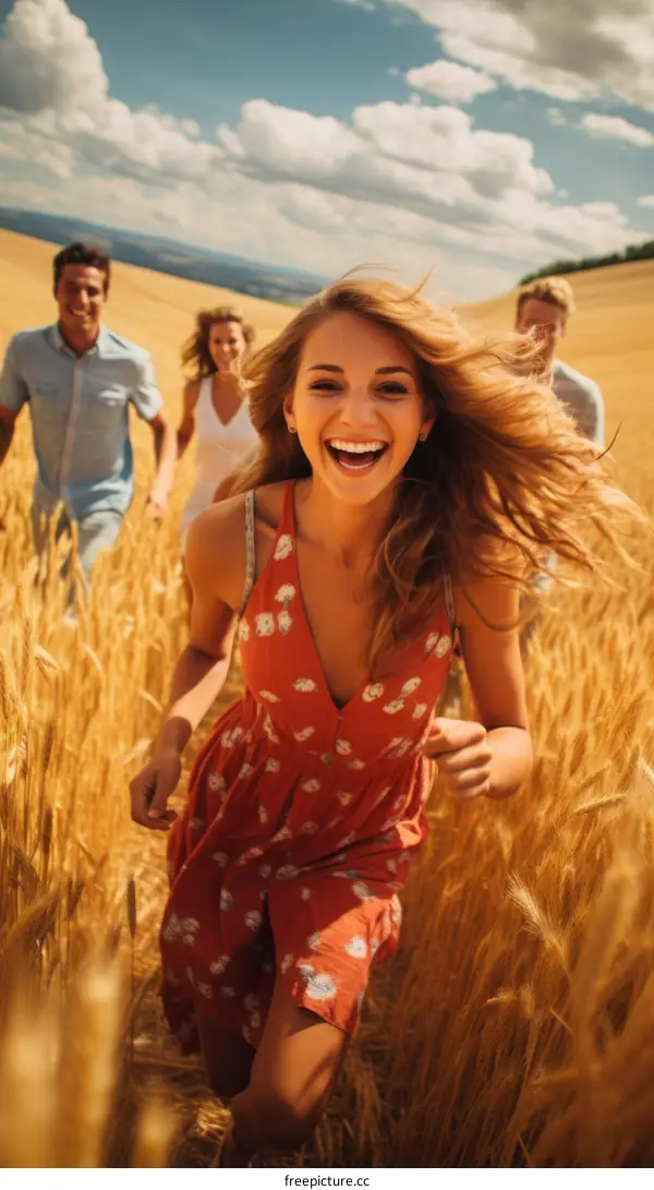 Four friends running through a wheat field