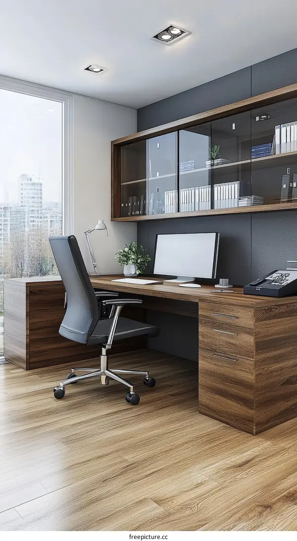 Modern Office Workspace with Wooden Desk and Chair
