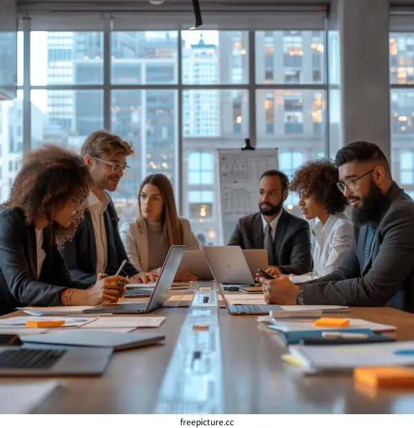 Multiethnic business professionals in a meeting discussing ideas and using technology