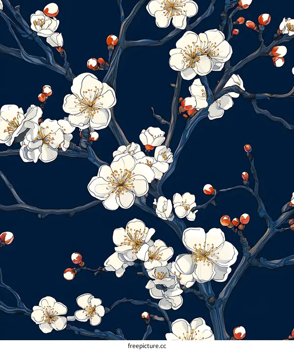 White Plum Blossoms on Dark Blue Background