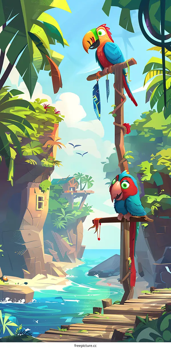 Two Tropical Parrots on a Wooden Post in a Tropical Paradise