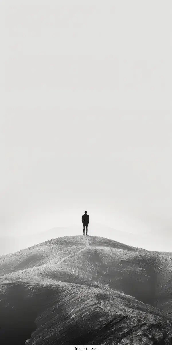 alone man standing on the top of the mountain looking at the white sky