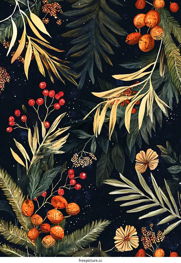Floral Pattern With Yellow and Red Berries