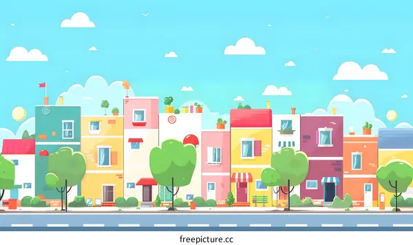 Cartoon Illustration of Colorful Houses on a Sunny Day