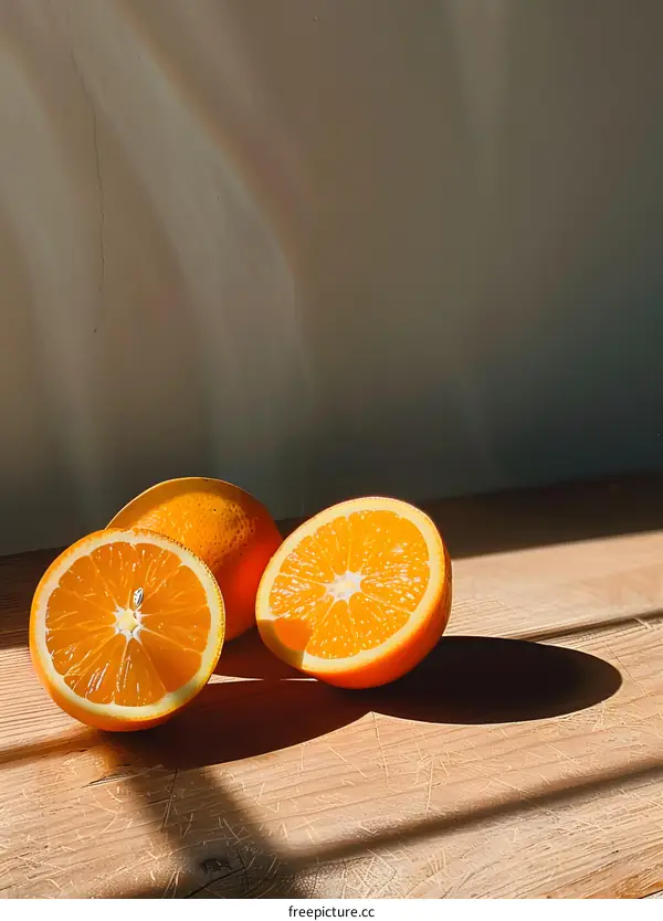 Fresh Oranges Sliced on Wooden Surface with Sunlight