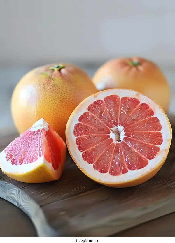 Fresh Juicy Pink Grapefruit Slices on Wooden Cutting Board