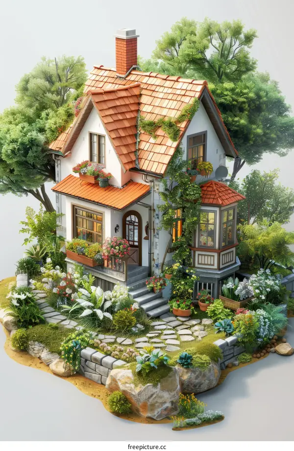 Small cottage house with garden and flowers