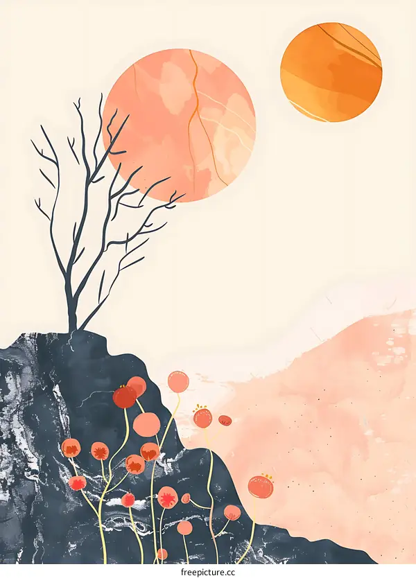 Abstract Minimalist Art Landscape With Branch And Sun