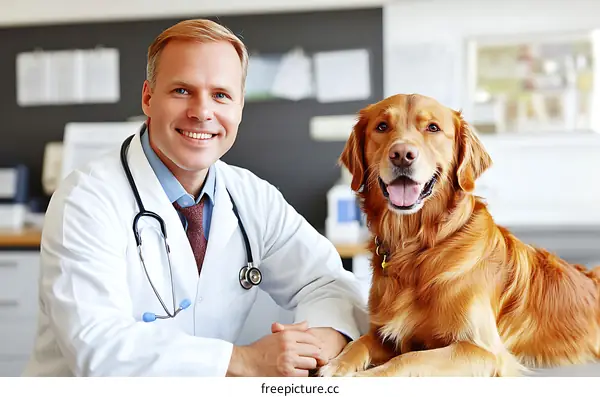 Veterinary Doctor and Happy Golden Retriever