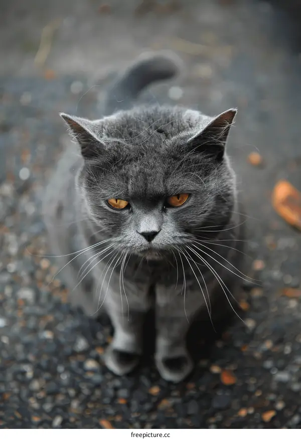 A gray cat is sitting on the ground
