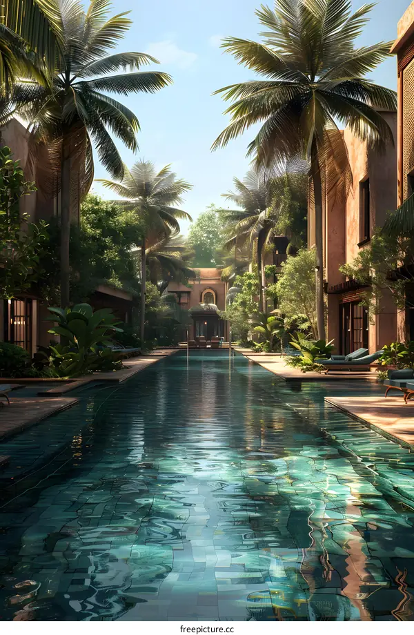Tropical Resort Swimming Pool with Palm Trees and Lush Greenery